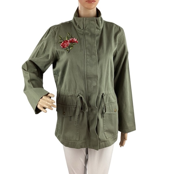 LOFT Olive Green Utility Jacket Embroidered Zip Front M - Picture 1 of 7